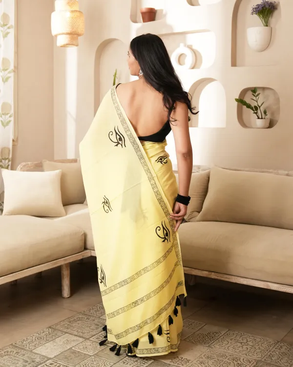 Yellow_Cotton_Spiritual_Eye_H_Block_Print_Mul_Saree_With_Tassels_For_Women